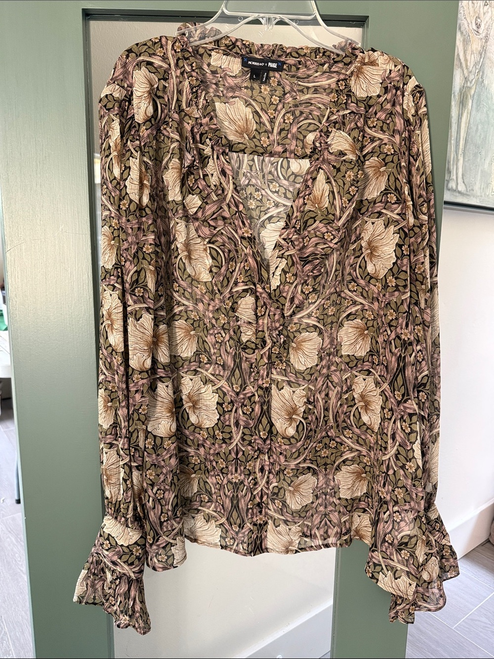 Morris & Co by Paige Floral Ruffle Cuff Blouse in Black, Olive, Beige & Dusty Ro